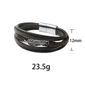 yunnique Titanium Steel Feather <b>Leather</b> <b>Bracelet</b> Brown Woven Design Fashion Jewelry - Product Image 5