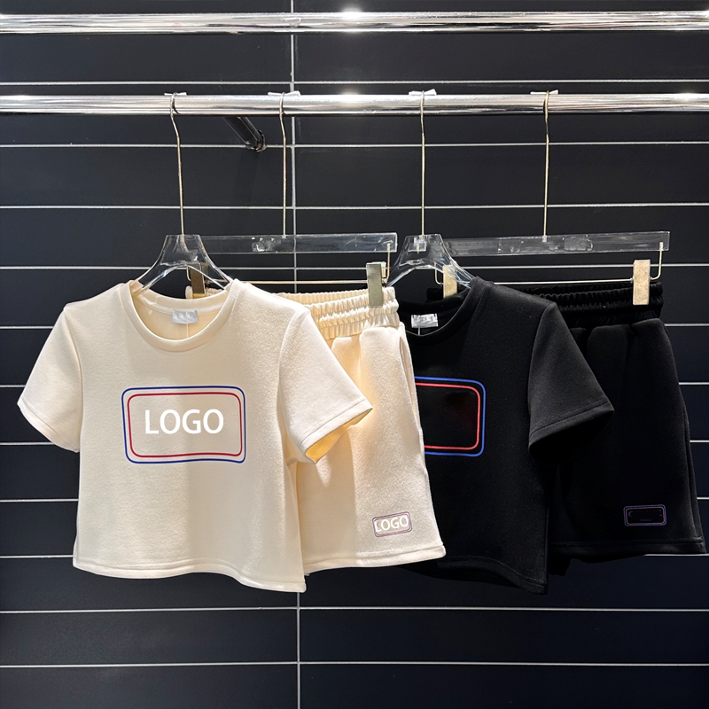 Designer Custom Women Logo Print Summer 2 Piece 100% Cotton Casual Loungewear Set Cropped Short Sleeve T-Shirt High Waist Shorts