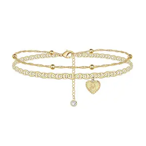 Fashion Gold Plated Multi-Layer Copper Chain Initials Foot Chain Brass Heart-Shaped Letter Pendant Anklet