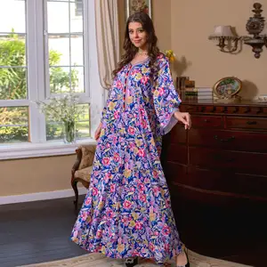 Gaun Abaya mode baru terakhir desain leher spesial gaun temperamen bunga Dubai grosir