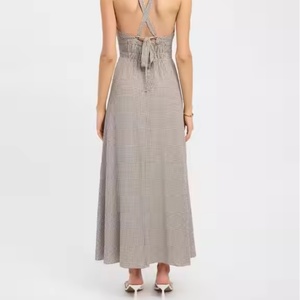 Vestido Maxi de Lino Casual con Cuello en V y Estampado Tartán para Mujer, Corte A, Cintura Alta Elástica, Tejido, Nueva Colección Otoño 2025 - Product Image 3