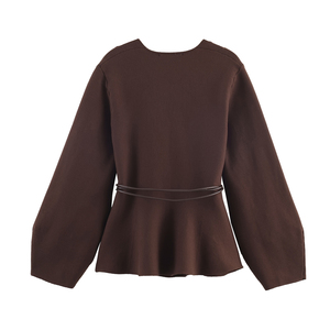 كارديجان نسائي أنيق بياقة على شكل V وأكمام طويلة مع أربطة، سترة محبوكة عصرية غير رسمية - Product Image 2