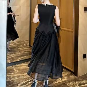 Vestido de Noche Largo Negro Elegante para Mujer 2025, Color Sólido, Nuevo con Parches de Tul, Cintura Elástica, Talla XS, Transpirable, para Fiesta de Otoño - Product Image 2