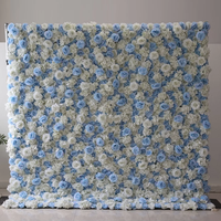 Dekorasi dinding gulung bunga mawar buatan warna biru bayi putih untuk pernikahan, ukuran 8ft x 8ft, dengan panel latar belakang dan penyangga.