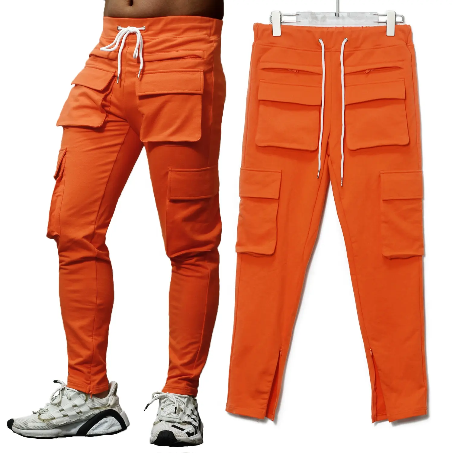 Pantalones de chándal apilados personalizados para hombre, 6 bolsillos, color blanco, azul, cargo