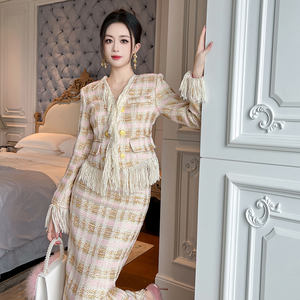 ZYHT 50679 mujeres diseño a cuadros flecos lana Tweed conjuntos de dos piezas primavera ocio mujer abrigo chaqueta y <span class=keywords><strong>falda</strong></span> <span class=keywords><strong>traje</strong></span> - Product Image 2