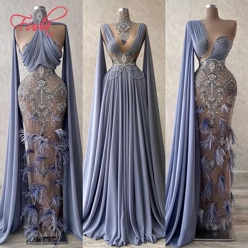 FUDA C204 Luxury Mesh Evening Dress Crystal Beaded Silver Sleeveless Designer Golden Rhinestone Diamond High-End Ball Dress