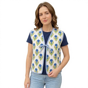 Women's Handmade Pure Cotton <b>Quilted</b> Vest Reversible Floral Block Print Sleeveless <b>Jacket</b> Tie Front Waistcoat Lightweight <b>jacket</b> - Product Image 1