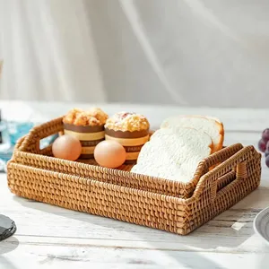 Unique Design Rattan Woven <b>Tray</b> Rustic Rattan Rectangle <b>Tray</b> With Handles for Serving <b>Dinner</b> Party Coffee - Product Image 3