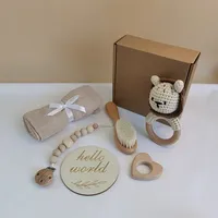 Crochet fait main animaux en peluche Lion pour nouveau-né bébé douche fête cadeau, brosse à cheveux de chèvre bonjour monde bois carte sucette factice