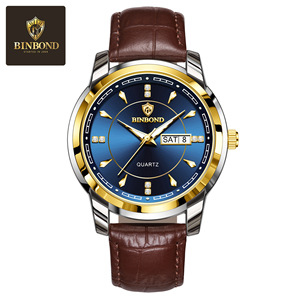 Montre à quartz pour homme Binbond B8879, étanche, avec bracelet en cuir véritable, montre-bracelet décontractée et élégante pour homme - Product Image 5