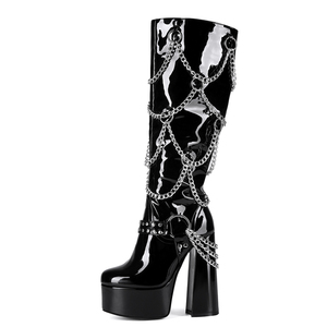 Botas Altas de Mujer con Plataforma Gruesa y Tacón Ancho, de Charol, con Cadenas Metálicas, Punta Redonda, Tallas Grandes hasta la 47 - Product Image 4