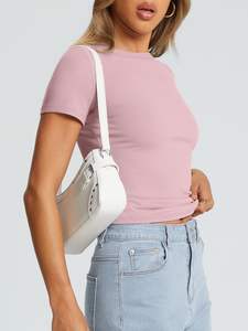 Camiseta de alta calidad para mujer, Camisetas Básicas de manga corta ajustadas, Camiseta corta suave con cuello redondo, ropa de moda de gimnasio bonita de verano - Product Image 4