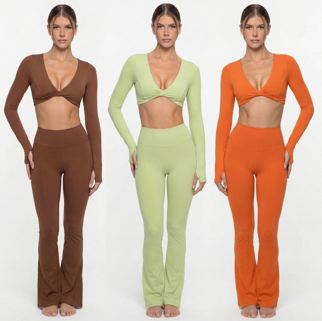 Ladies Pilates Yoga Clothes Suit Long Sleeves Twist Crop Top & High Waist Flare Pants Gym Fitness Active Wear Set