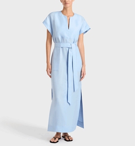 Nuovo <span class=keywords><strong>Abito</strong></span> Lungo da Donna Trendy all'Ingrosso in Tessuto Naturale Intrecciato Eco-Friendly con Scollo a V Profondo in Viscosa e <span class=keywords><strong>Lino</strong></span> <span class=keywords><strong>Blu</strong></span> - Product Image 1