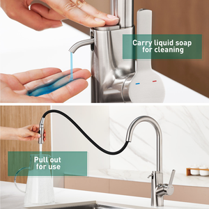 Chrome single hole <b>deck</b> mounted pull down kitchen faucets with soap dispenser - Product Image 5