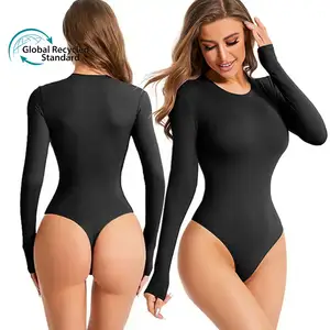 Bodysuit lengan panjang untuk wanita, Tank Top poliamida 76% membentuk tanpa kelim korset pembentuk leher kru lengan panjang