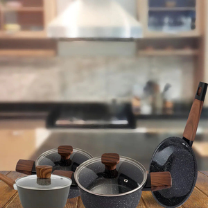 High Quality Ceramic Marble Coated Pot <b>Pan</b> Glass <b>Lids</b> Wooden Soft touch Handles Non Stick 7-Piece Forged Aluminium Cookware Set - Product Image 6