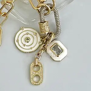 NM42701 Soda Cap Charm Cubic Zirconia Pendant Paperclip Chain With Carabiner Screw Clasp Stainless Steel Necklace Gold Plated