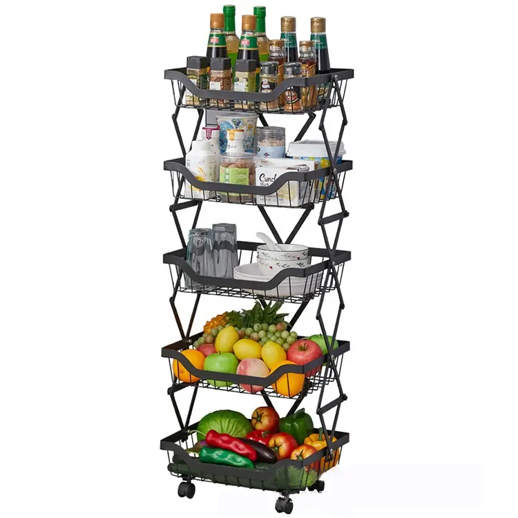 3 Tier Fruit Vegetable Basket trolley for Kitchen Metal Wire Storage foldable Stand Organizer for Bread Snack Veggies holders