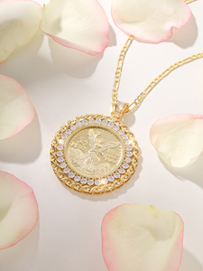Joyería Religiosa Mexicana, Collar con Colgante de Moneda de 50 Pesos de la Diosa Libertad, Collar con Colgante de Moneda Chapado en Oro de 18K con Circonita - Product Image 4