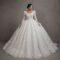 Robe de mariée classique et modeste, coupe princesse, à manches longues, avec corset illusion, dentelle florale 3D, perles et paillettes, grande taille, sur mesure