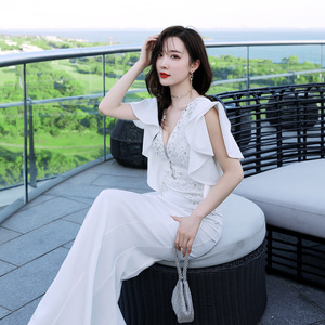 16336 # Toast mariée longue épaule rouge appréciation dîner Slim-fit robe en queue de poisson mariage soirée femme - Product Image 5