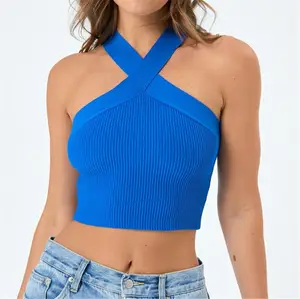 2022 New Arrivals Knitted Ribbed Solid Halter Tank Tops Sleeveless Crop Top Sexy Streetwear Outfits