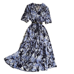 Nuevo Vestido Casual Chic Estampado de Manga Corta para Mujer con Cuello en V, Cintura Alta y Cinturón, Estilo Retro en Contraste, Línea A - Product Image 2