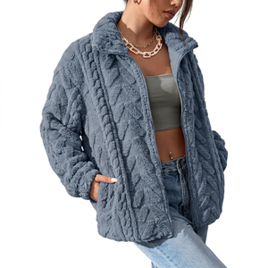 <b>Women's</b> Dusty Blue <b>Sherpa</b> Fleece <b>Jacket</b> Zip Up Stand Collar Plush Coat with Pockets Cable Textured Casual Winter Outerwear OEM - Product Image 1