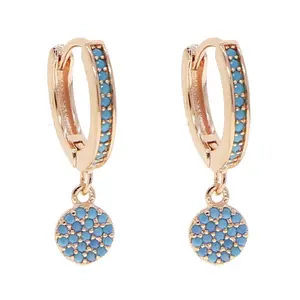 Rushed blue stone Earrings High Quality Dangle Huggie Hoop Pave Turquoise Rose Gold Plated Cz Disco Charm Women Fashion jewelry