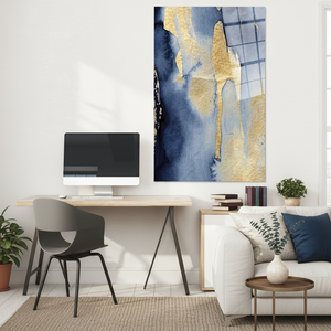 Blue and Gold Abstract Glass <b>Wall</b> Art: Shimmery Printed <b>Canvas</b>,TEMPERED GLASS ART - Product Image 3
