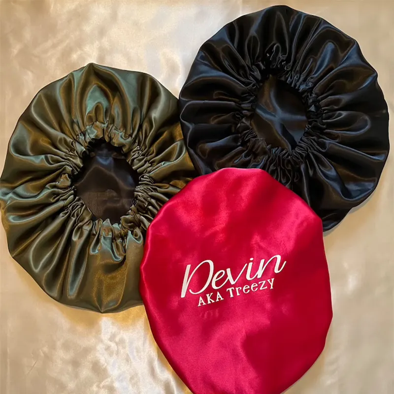 Personalised personal logo Soft Satin Night Sleep Bonnet Designer Hair Bonnets Double Layer Head Cover Take Shower Cap