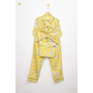 Yellow Colour 100% Cotton Hand Block Printed Pajama Set Long Sleeve Turn-<b>down</b> Collar 3 Piece Sleepwear Casual Loungewear Spring - Product Image 3