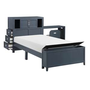 Modern Navy Blue Twin Adjustable Platform Bed Bookcase Headboard Drawers Hidden <b>Desk</b> <b>Stool</b> Footboard Storage Bench Bedroom - Product Image 1