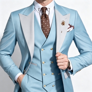 Abito da sposo di lusso <span class=keywords><strong>blu</strong></span> a 3 pezzi <span class=keywords><strong>doppiopetto</strong></span> personalizzato OEM ODM con revers a punta a contrasto per matrimoni e feste - Product Image 4