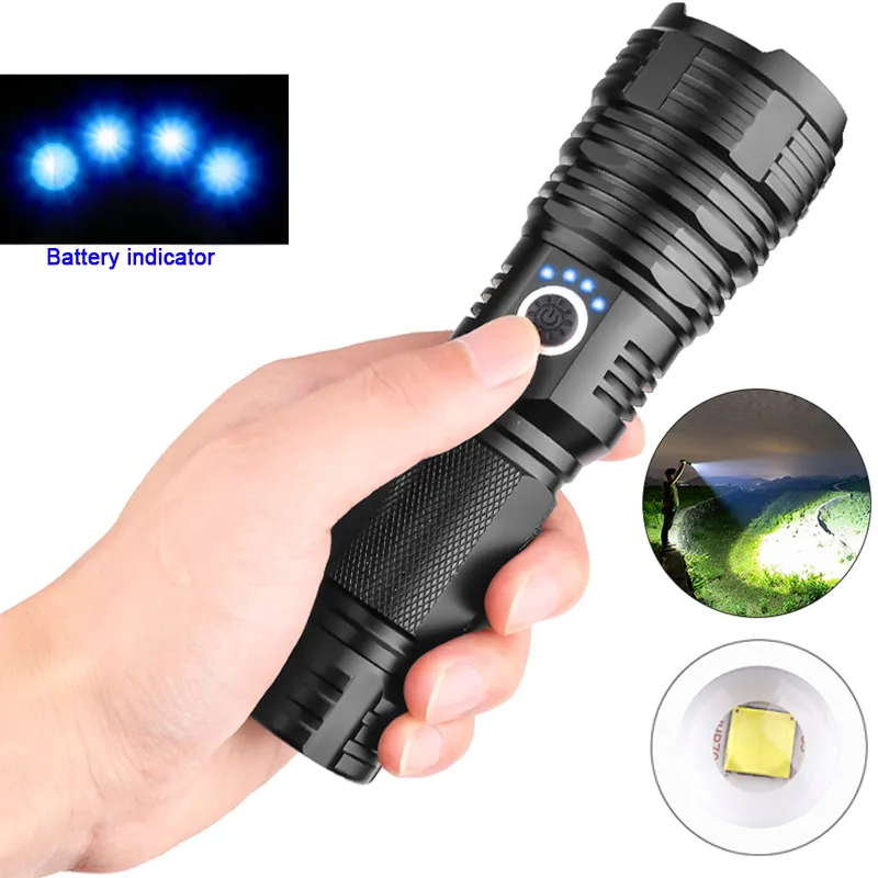 Lampe de poche LED la plus puissante XHP50 Rechargeable USB Zoomable Torch XHP50 18650 ou 26650 Lampe de chasse pour le camping