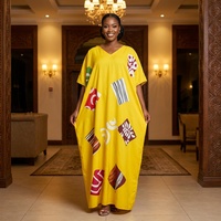 OEM ODM Kaftan de Dubaï fluide en polyester jaune à motif de blocs colorés, grande taille, robe africaine musulmane pour mariage