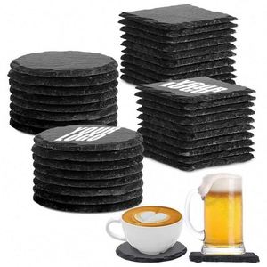 Custom logo Black Non-Slip Engraving Drink Slate Stone Bulk Coasters <b>Set</b> Wholesale Blank Promotion Gift Box With Holder - Product Image 1