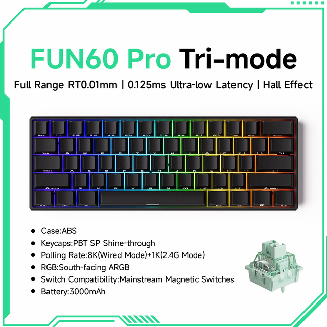AKKO FUN60 Pro Magnetic Hall Effect OEM Mechanical Gaming Keyboard 8K Polling Rate 61 Keys USB-C ARGB Programmable Hot-Swap