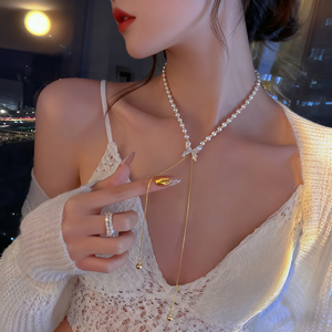 שרשרת פנינים משובחות עם ררינגסטון צלב מתכווננת הצהרה אלגנטית תכשיטים לנשים בגדי ערב - Product Image 4