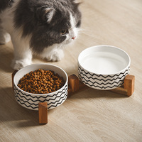 Bol en céramique pour chat et chien de style Hepburn NicePets |   5 motifs rétro anti-renversement pour aliments et eau |   Support en bois d'acacia pour mangeoire surélevée