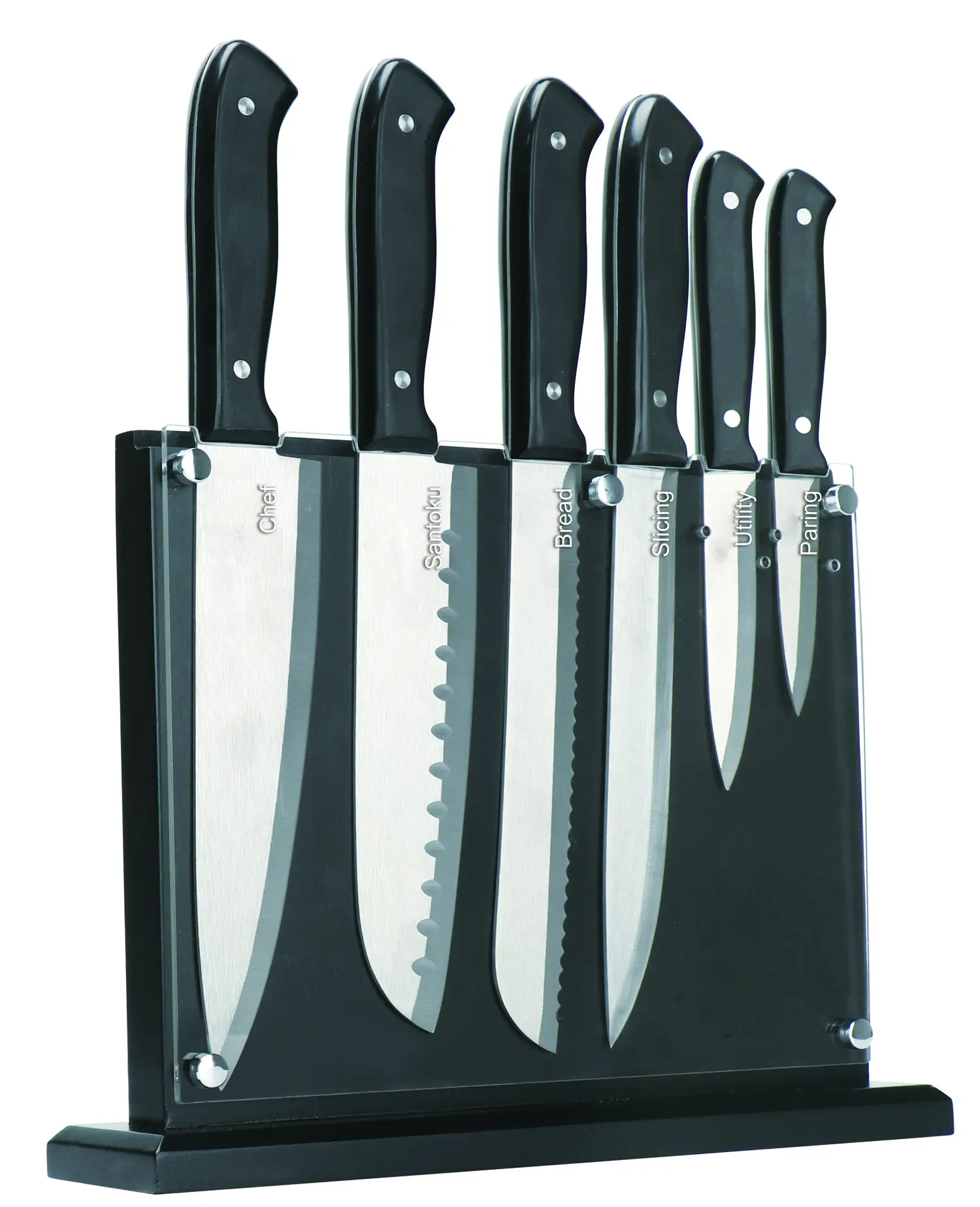 JINYU Set pisau tang penuh baja tahan karat, 7 buah Set pisau memasak blok kayu akrilik yang dapat dilepas untuk pembersihan mudah
