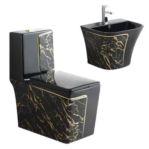 Set Commode Toilet satu potong persegi, lemari air gantung di lantai pola garis emas gaya mewah, wastafel kamar mandi