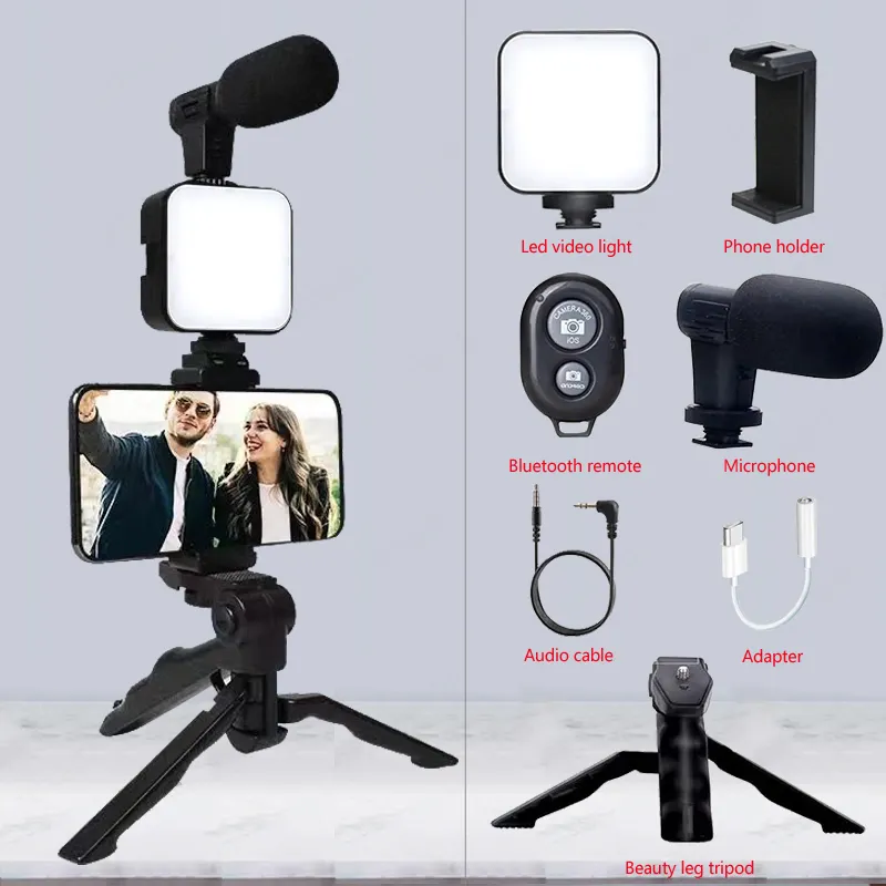 AY49 Mini Microfone Smartphone Vlogging Kit Vlog com Tripé para TikTok Transmissão ao Vivo Vídeo YouTube