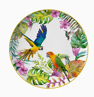 Service de table en porcelaine fine à imprimé floral tropical, assiettes rondes à bord doré pour la maison, les mariages, les fêtes et les dîners élégants