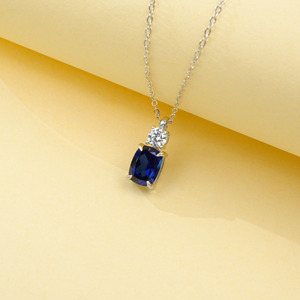 925 Sterling Silver <b>Pendant</b> Necklace, <b>Emerald</b> Cut Lab Created Sapphire with Round CZ Accent Fine Jewelry for Women - Product Image 3