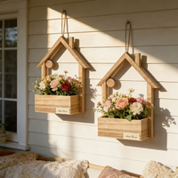 Ornement et décoration murale pour la maison, petite maison en bois décorative, pot de fleurs artificielles et panier à fleurs à suspendre pour la maison