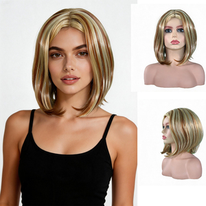 Perruque courte bob pour <span class=keywords><strong>femme</strong></span> avec mèches, aspect naturel, ombré blond, en <span class=keywords><strong>cheveux</strong></span> synthétiques, pour usage quotidien, fêtes et coiffures tendance - Product Image 1