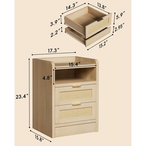 Mesa de Noche de Ratán Faesun con 3 Cajones y Compartimento Oculto, Mesa Auxiliar Boho Moderna con Almacenamiento, Tapa de Madera y Tiradores Metálicos - Product Image 3